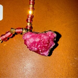 Handmade pink glass and gold beaded quartz Necklace by Ginger Lynn